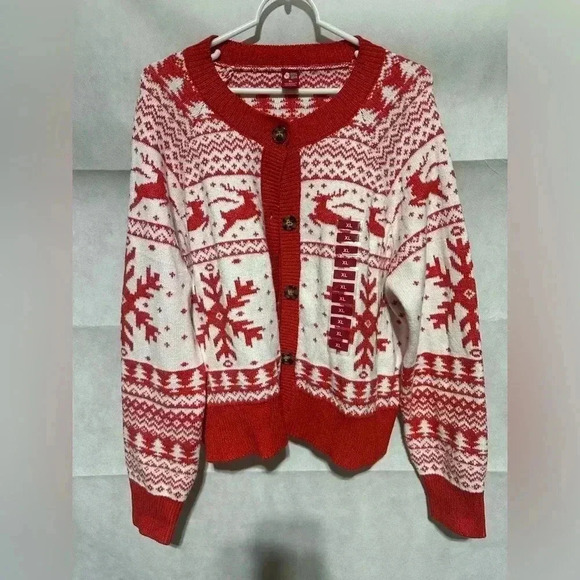 Dec. 25th Women XL Holiday Knit Button Down Cardigan Sweater Christmas Reindeer - Picture 1 of 4